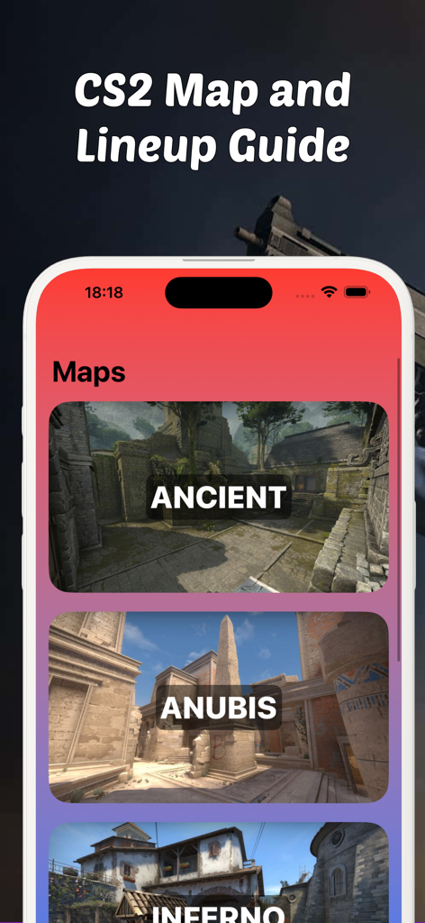 CS2, CS:GO Smoke Nades Guide - Mobile app interface showing the map selection screen for CS2 smoke and utility lineups including Ancient and Anubis
