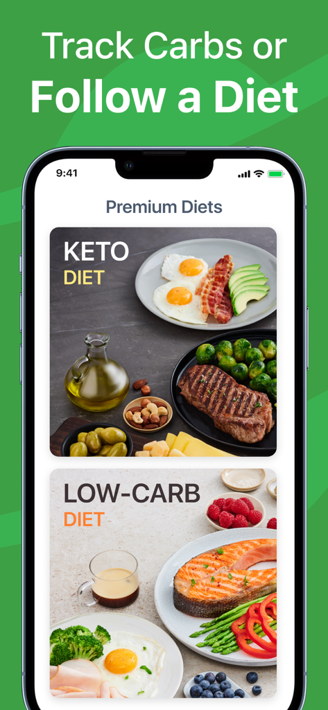 Keto Diet App - Carb Genius - Mobile interface showing Keto and Low-Carb diet plan options with high-quality food photography.