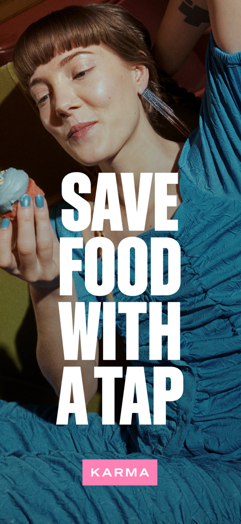 Karma - Save Food with a Tap - A young woman holding a blue cupcake with text saying save food with a tap and the Karma app logo.