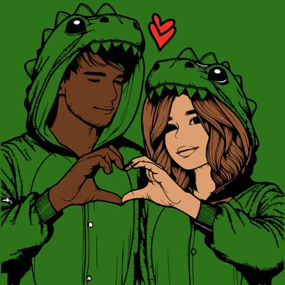 realistic couple wearing matching dinosaur onesies with heart hand gesture