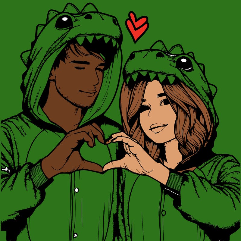 realistic couple wearing matching dinosaur onesies with heart hand gesture