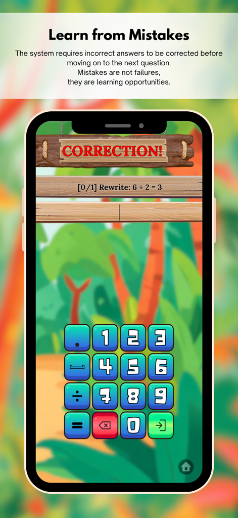 Power Congak math app interface showing a correction screen with a jungle theme