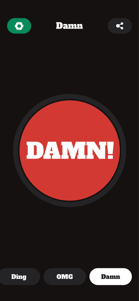 Interface of the Yes Button soundboard app featuring a large red button with the word DAMN in bold white letters