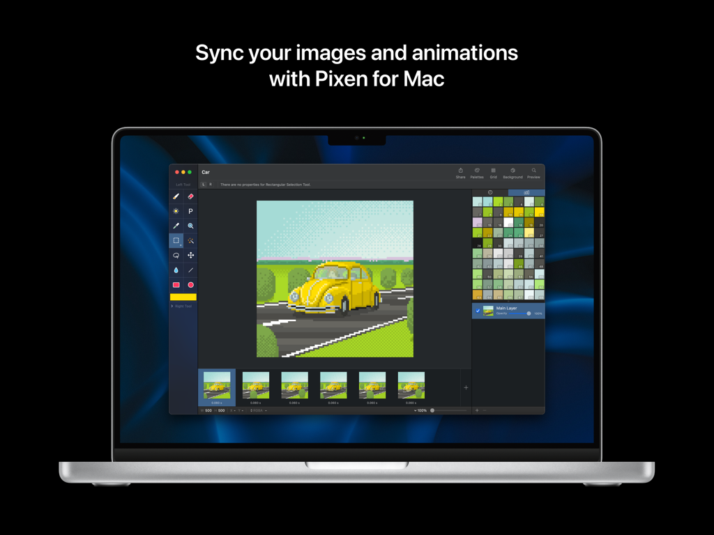 Pixen pixel art editor interface on a Mac laptop showing a car animation and color palettes
