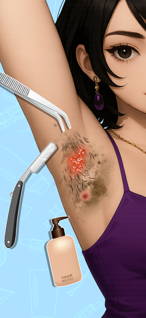 Aparando uma axila com uma navalha e pinça em um jogo ASMR de cuidados com a pele.