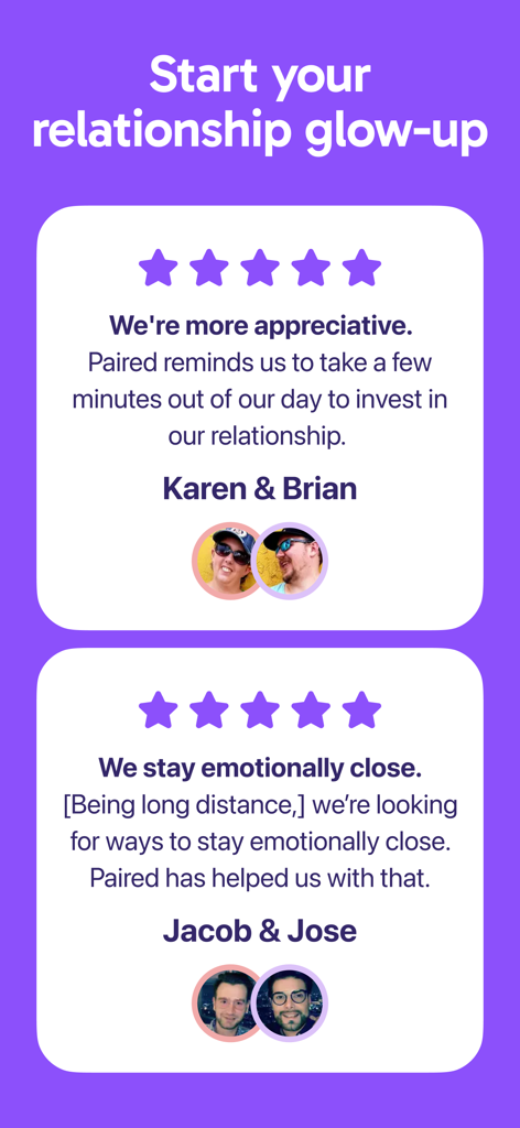 Testimonials from couples using the Paired app to improve their relationship and stay emotionally close