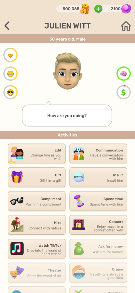 Real Life：Choices Simulator - Character profile and interaction screen in Real Life Choices Simulator showing social activities and status icons for an avatar named Julien Witt.