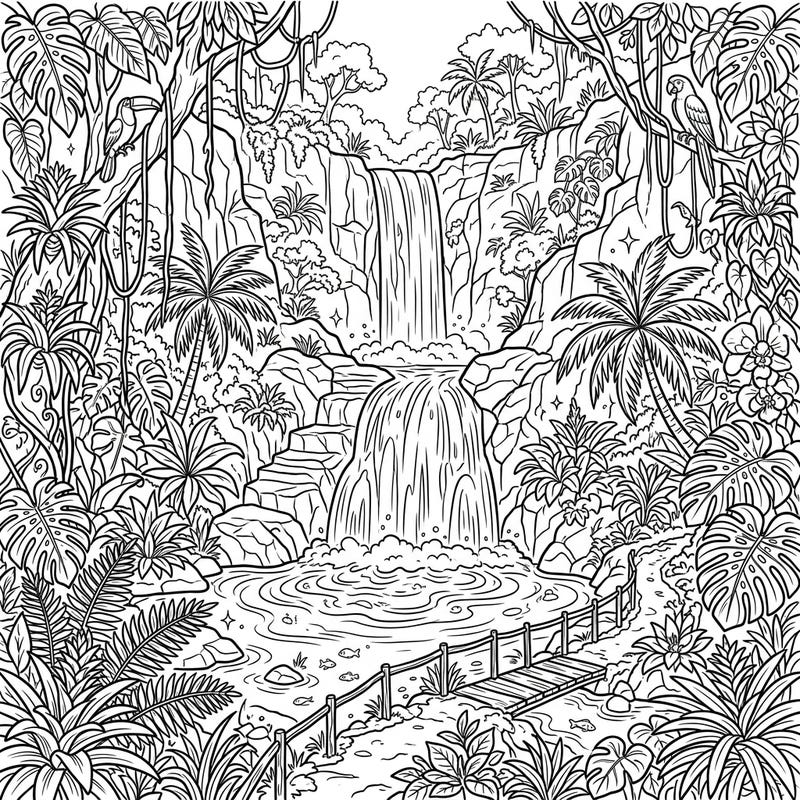 Explore a breathtaking rainforest scene featuring majestic waterfalls and abundant tropical flora. This intricate coloring page promises a relaxing and engaging artistic journey into nature's heart.