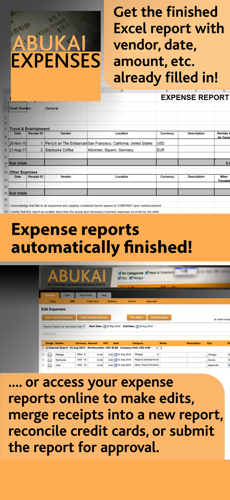 ABUKAI Expense Reports Receipt - ABUKAI automated Excel expense report preview and online management portal interface.