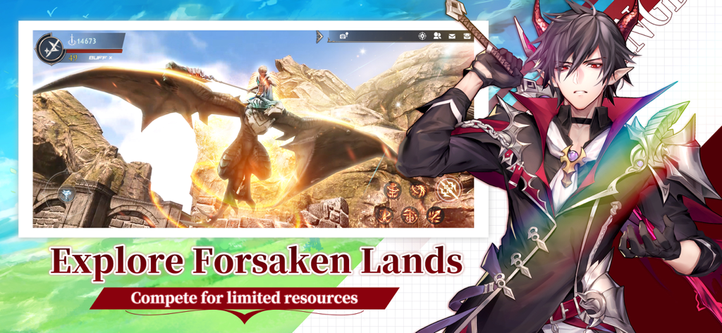 Captura de pantalla del juego Aura Kingdom 2 Evolution mostrando a un jugador en una montura de dragón con el texto Explora Tierras Olvidadas