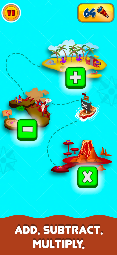 Math Land: Addition Games Kids - A pirate adventure map in Math Land showing islands with addition subtraction and multiplication symbols