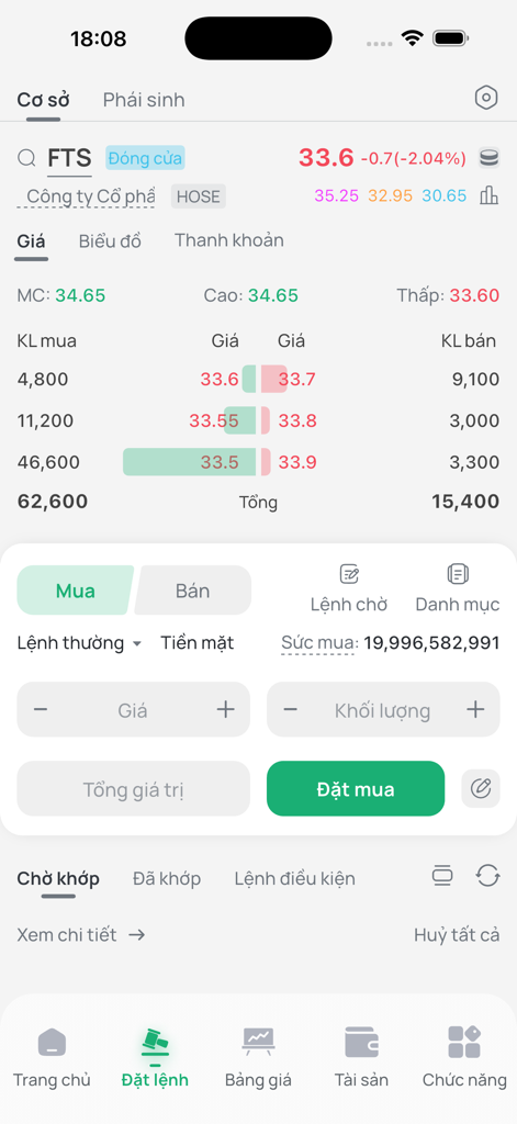 FPTS EzTrade - FPTS EzTrade mobile app interface for placing stock buy and sell orders