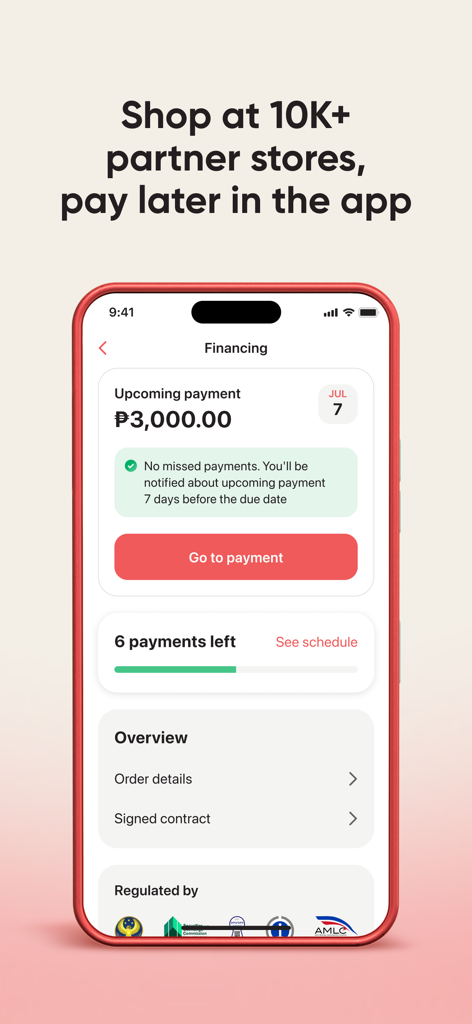 Salmon app interface showing financing details and an upcoming payment of 3000 pesos
