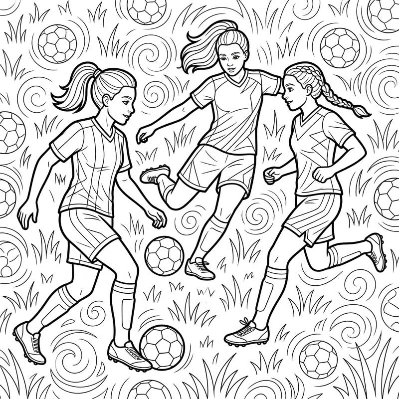 Celebrate the spirit of teamwork and sportsmanship with this exciting coloring page featuring three female soccer players in a dynamic passing sequence. Perfect for young athletes and sports enthusiasts who love to bring action-packed scenes to life with color.