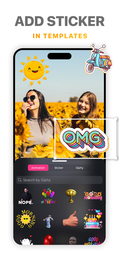 SlideShow Maker Photo Video · - A mobile interface for adding animated stickers and Giphy graphics to a photo of two friends in a sunflower field.