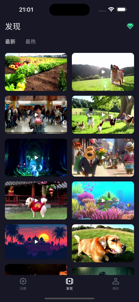 Magic AI助手 - Discovery screen of the Magic AI Assistant app displaying a grid of AI-generated video thumbnails including dogs, nature, and animated characters.