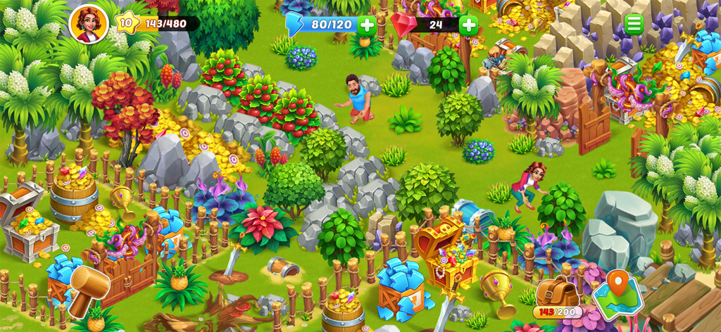 Kong Island: Farm & Survival - Colorful gameplay from Kong Island Farm and Survival showing characters and treasures on a tropical island.