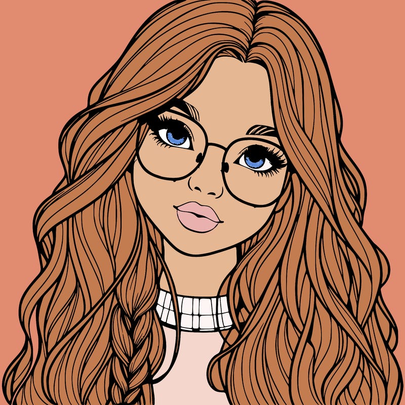 girl with long hair and freckles and glasses realistic