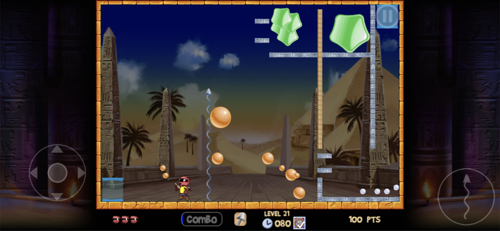 Bubble Trouble 3 - A gameplay screenshot of Bubble Trouble 3 showing a character shooting a harpoon at bouncing bubbles in an ancient Egypt themed level.
