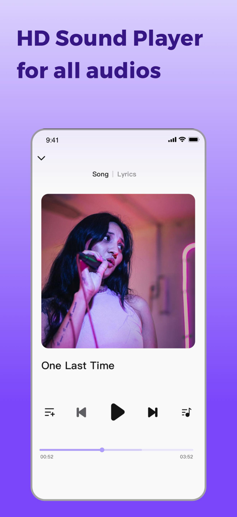 Interface of Music Muse app showing the HD sound player with song titled One Last Time