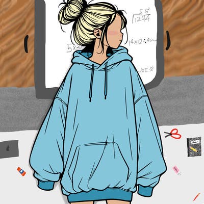 realistic girl with a oversized sweatshirt on and a bun