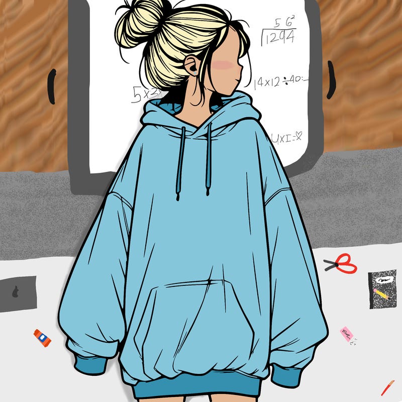 realistic girl with a oversized sweatshirt on and a bun