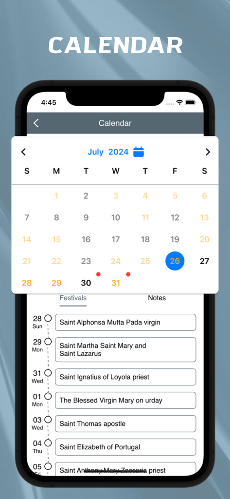 宗教的な祭りや聖人の祝日を表示するモバイルアプリのカレンダー画面