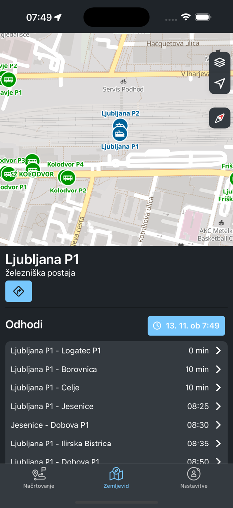 SiMO app displaying a map of Ljubljana and a list of real-time train departures from the main railway station.