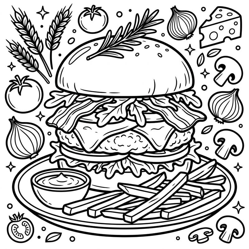Dive into the delicious world of gourmet with this exquisite cheese burger coloring page. Featuring rich details and premium ingredients, it's a treat for any food lover and coloring enthusiast.