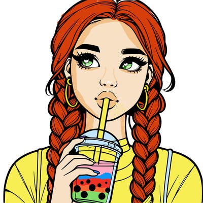 realistic girl with braided hair drinking boba