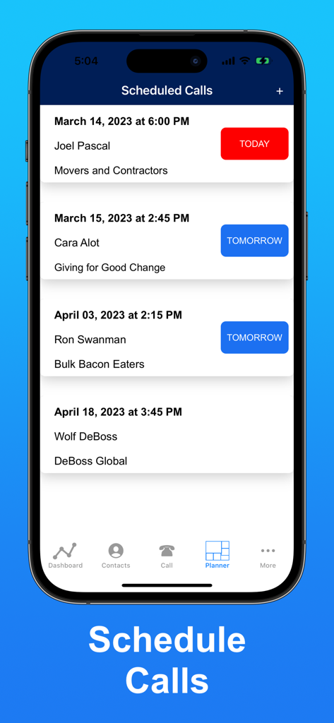 SwiftCall: Auto Dialer & CRM - Interface of the SwiftCall app displaying a list of scheduled sales calls in the planner.