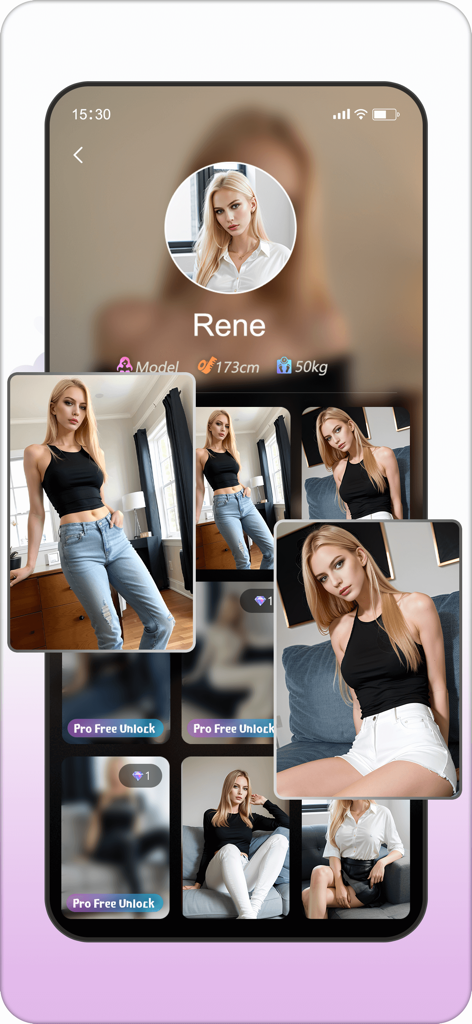 S Era: Femdom & Roleplay - AI character profile named Rene with multiple photos and physical stats in the S Era app
