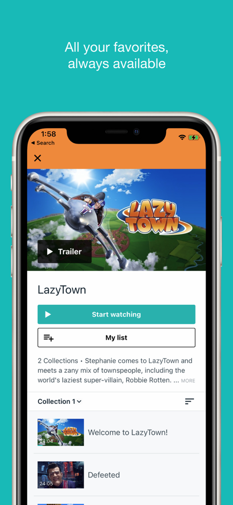 Kidstream - Kidstream app interface showing the LazyTown show page with episode list and play button