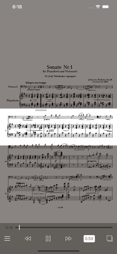 Brahms Cello Sonata No. 1 sheet music synchronized with audio playback in the SyncScore app