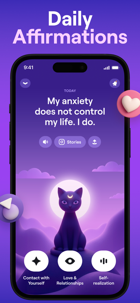 Moonly app interface showing a daily affirmation with a black cat illustration and a moon background