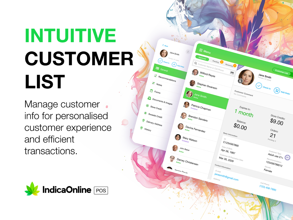 IndicaOnline POS interface for managing dispensary customer lists and profiles