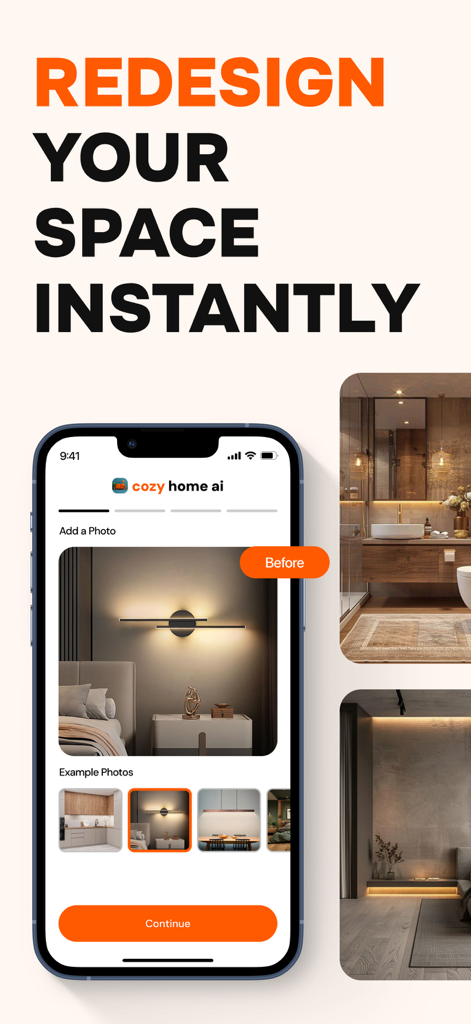 Home AI Interior Design - Smartphone interface of the Home AI Interior Design app displaying a room transformation feature and the headline Redesign Your Space Instantly