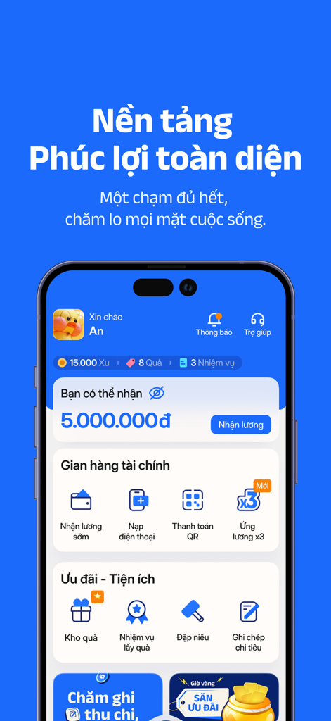 GIMO app screen showing early salary access and financial management options