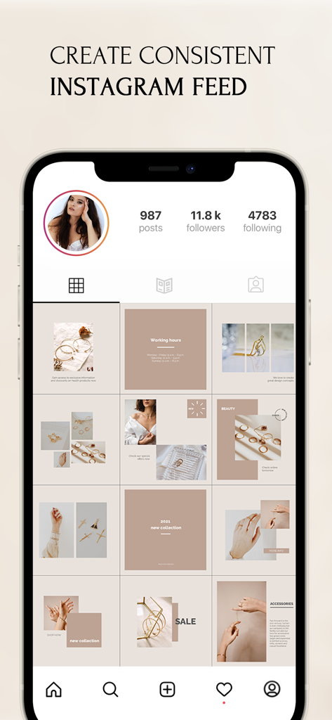 Feeds: Post & Template Maker - Mobile phone displaying a curated beige Instagram grid layout