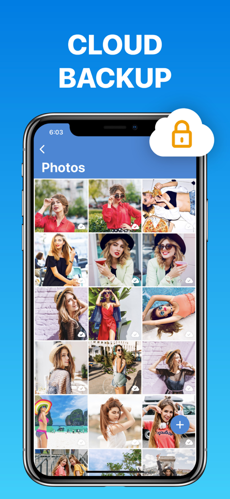 Photo Vault app interface showing the cloud backup feature and a grid of private photos
