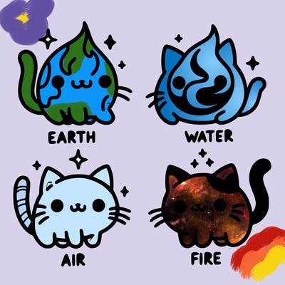 4 cats that represent the different elements, earth, water, air, and fire