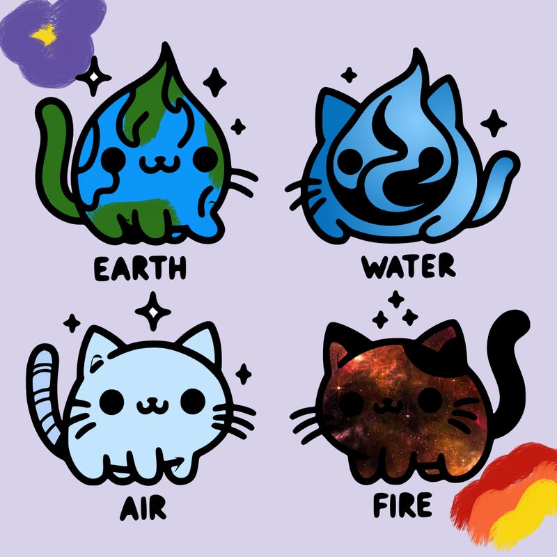 4 cats that represent the different elements, earth, water, air, and fire