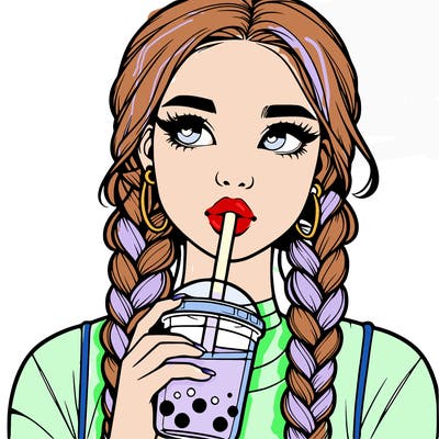 realistic girl with braided hair drinking boba