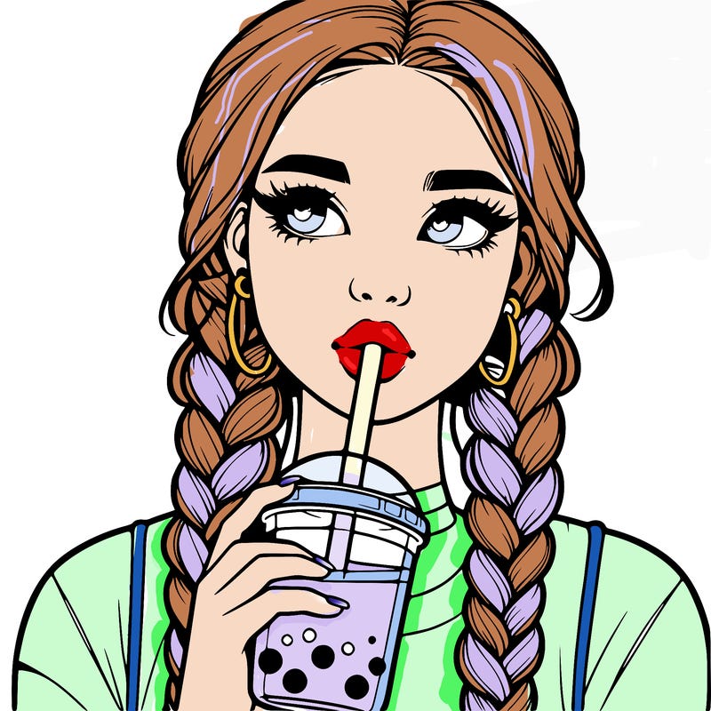 realistic girl with braided hair drinking boba