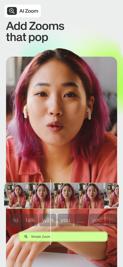 Mobile App-Oberfläche von VEED Shorts, die die KI-Zoom-Funktion mit einer Videoleiste und Bearbeitungswerkzeugen zeigt