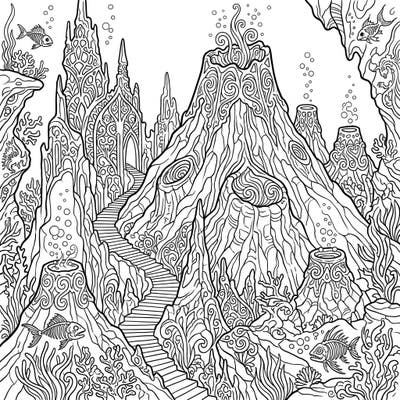Unleash your creativity with this intricately detailed Gothic submarine volcanoes coloring page. Immerse yourself in a mysterious underwater world, featuring ornate volcanic formations and haunting deep-sea beauty.