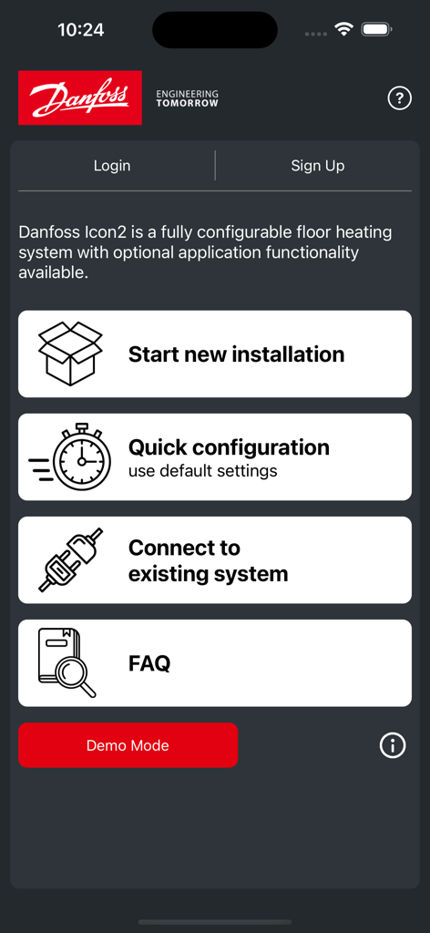 Danfoss Icon2™ - Danfoss Icon2 app main menu showing floor heating setup and configuration options