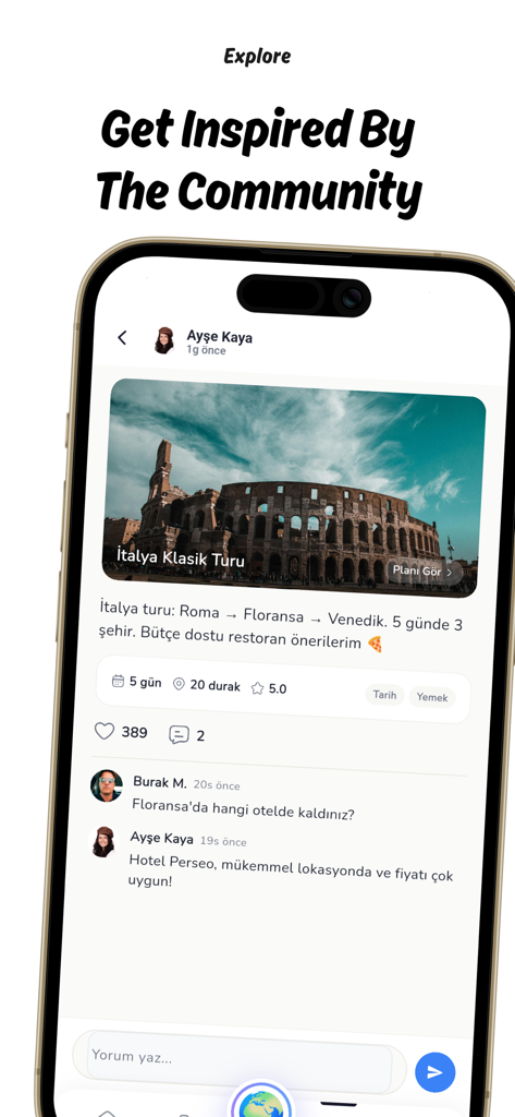 Next Trip: AI Trip Planner - Feed social en la aplicación Next Trip que muestra un itinerario compartido por la comunidad para un tour por Italia con consejos de viaje y comentarios
