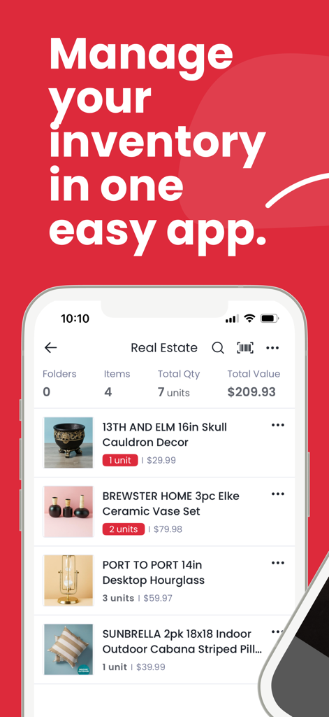 Sortly: Inventory Simplified - Mobile app interface of Sortly showing a list of inventory items with photos and pricing information