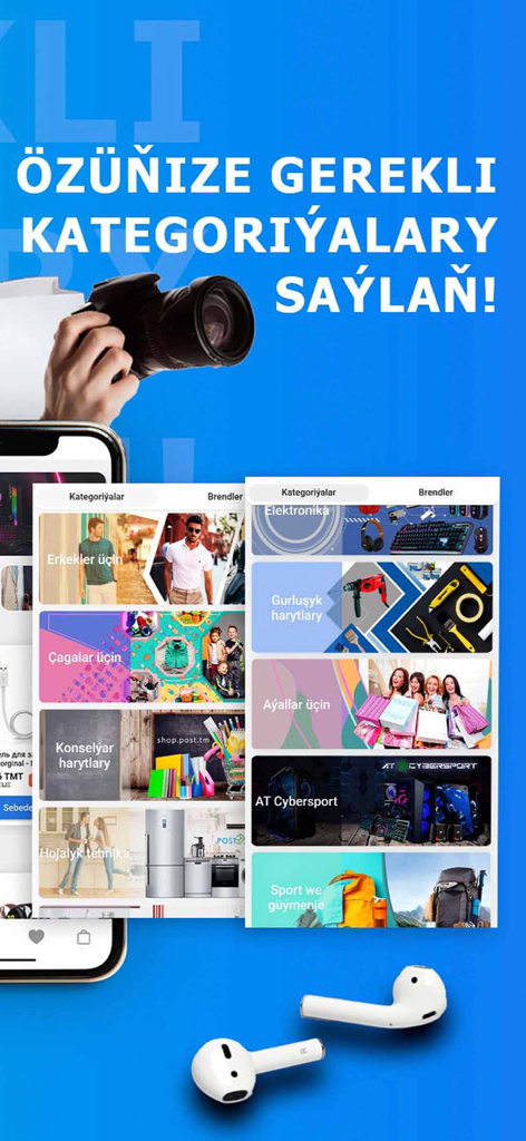 PostShop - PostShop app interface displaying different shopping categories in Turkmen